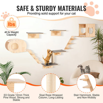 Infographic highlighting safe and sturdy materials of wooden wall-mounted cat shelves with a 40 lb weight capacity, E0 grade 12mm thick pine wood, and sisal rope column.