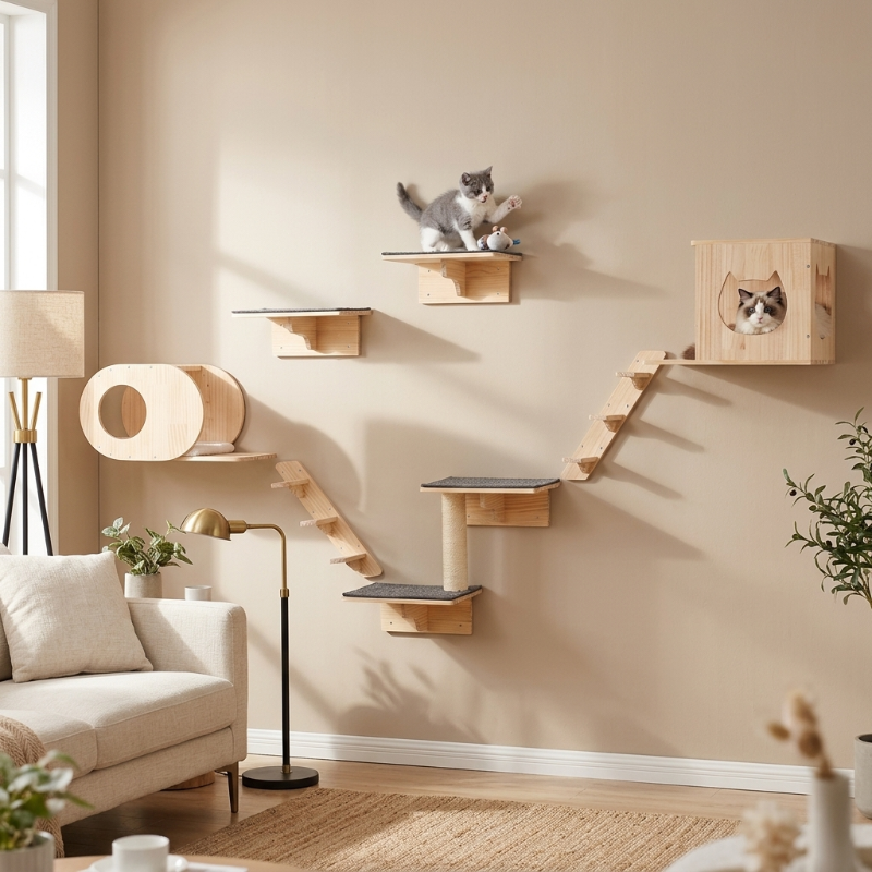 A modern living room featuring wooden wall-mounted cat shelves, stairs, and a cat condo installed above a sofa, with a Ragdoll cat resting inside the condo and a kitten playing on a shelf.