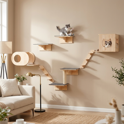 A modern living room featuring wooden wall-mounted cat shelves, stairs, and a cat condo installed above a sofa, with a Ragdoll cat resting inside the condo and a kitten playing on a shelf.